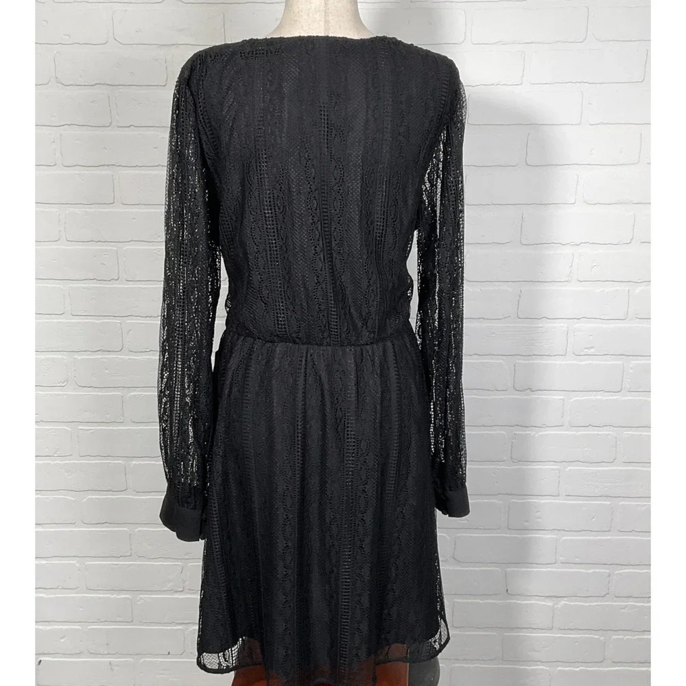 Express Dress Women XL Black Lace Long Sleeve Wrap Tie Sheer Party Elegant - Picture 4 of 13